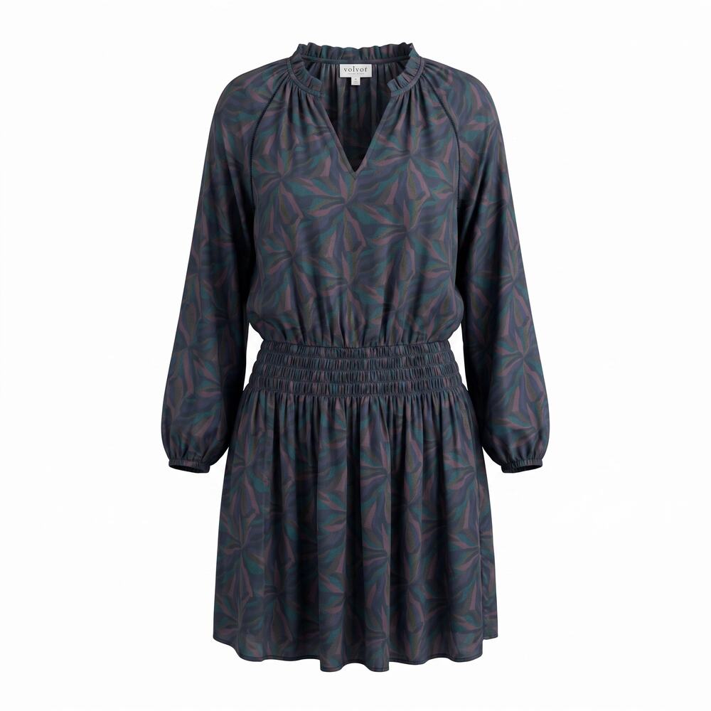 Velvet by Graham & Spencer : Navy leaf print dress with ruffled split neckline a